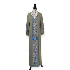 Soft Surroundings Maxi Dress Women S Green Embroidered Tassel Boho Hippie